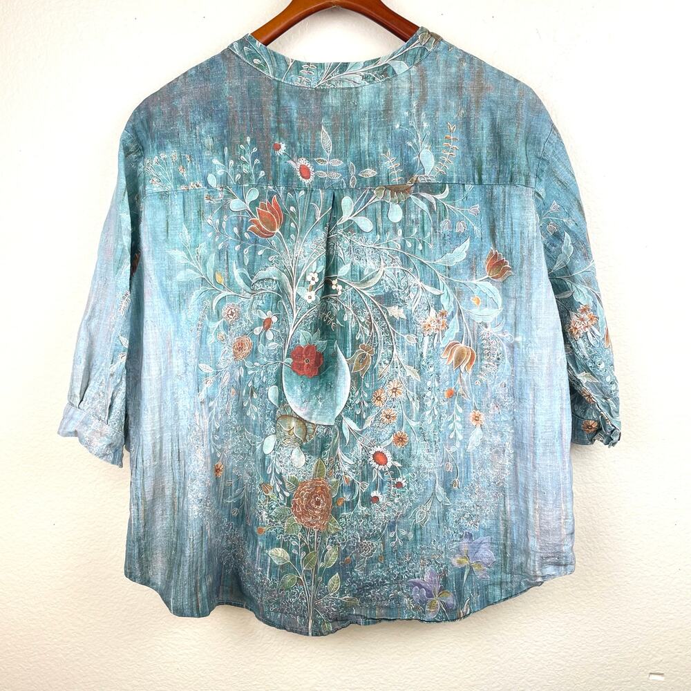 Womens Top Sz M Linen‎ Cottage Fairy Bird Statement Sustainable Ethereal Boho - Picture 3 of 9